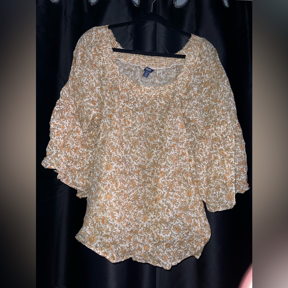 Chaps Cream and Brown Off the Shoulder Bishop Sleeve Blouse